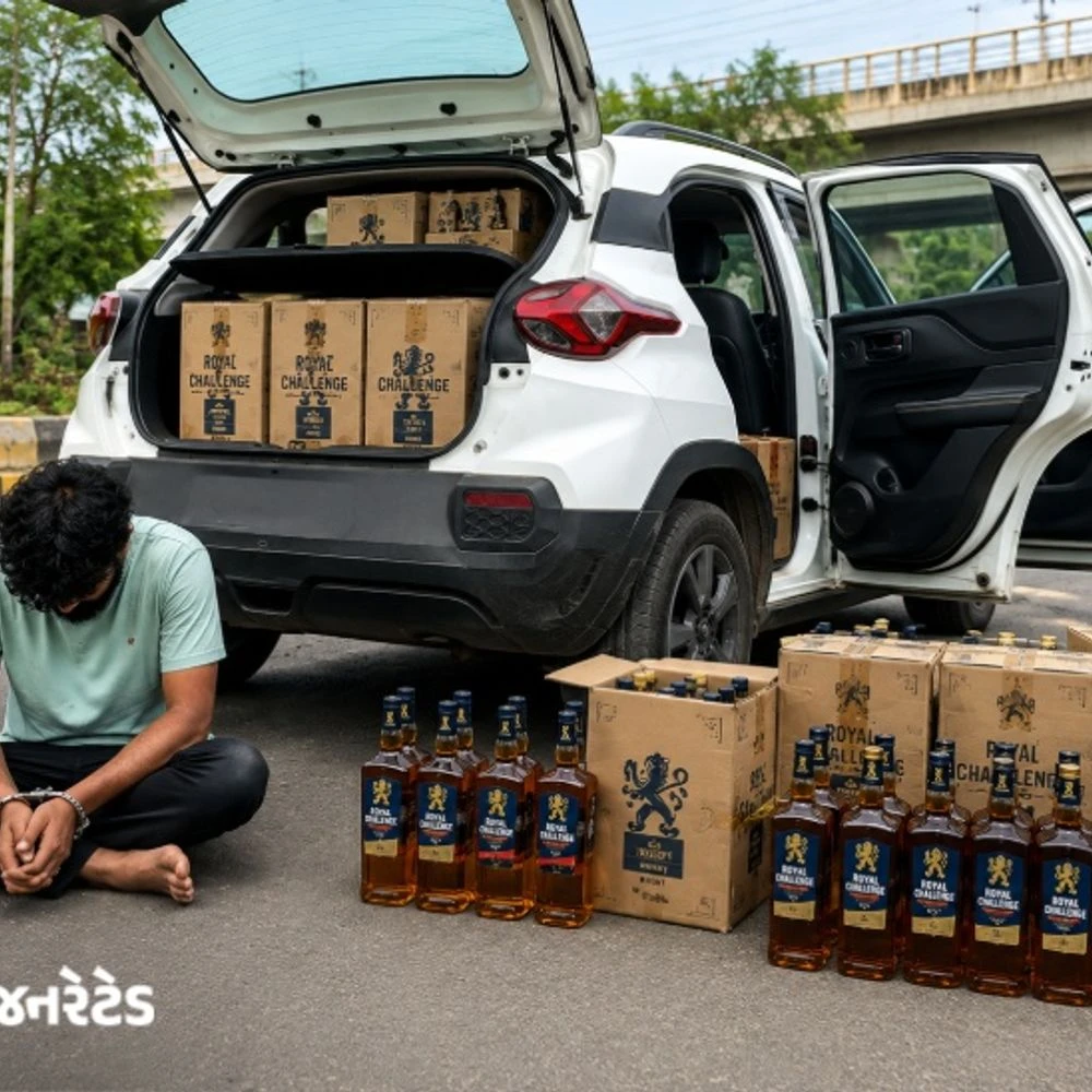 Liquor worth more than one and a half lakh seized from car on Vadsar Road:P CB raids and arrests man from Kerala